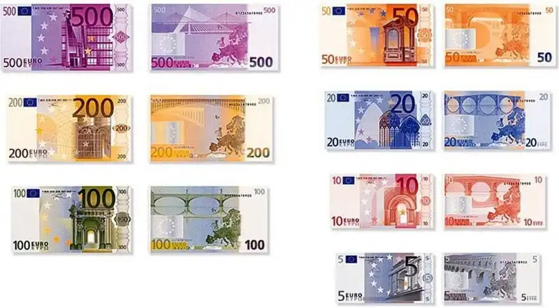 FILE -- This combinated picture shows the fronts and backs of the future Euro bills from Germany. The Euro will become the official currency Jan. 1, 2002. (AP Photo/ECB/HO) --PICTURE HAS TO BE USED ENTIRELY WITHOUT CROPPING MANDATORY CREDIT: EUROPEAN CENTRAL BANK--