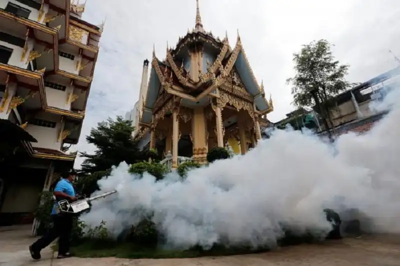 200 ca nhiễm Zika được phát hiện ở Thái Lan 5 A city worker fumigates the area to control the spread of mosquitoes at a temple in Bangkok, Thailand, September 14, 2016. REUTERS/Chaiwat Subprasom