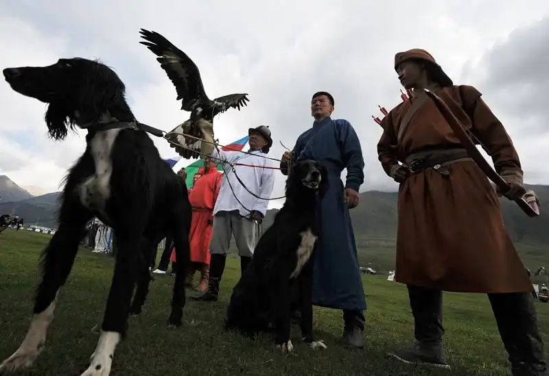 Berkutchi (eagle hunters) hold their birds, golden eagles, during the World Nomad Games 2016 in the Kyrchin (Semenovskoe) gorge, some 300 km from Bishkek on September 5, 2016. / AFP PHOTO / Vyacheslav OSELEDKOVYACHESLAV OSELEDKO/AFP/Getty Images ** OUTS - ELSENT, FPG, CM - OUTS * NM, PH, VA if sourced by CT, LA or MoD **