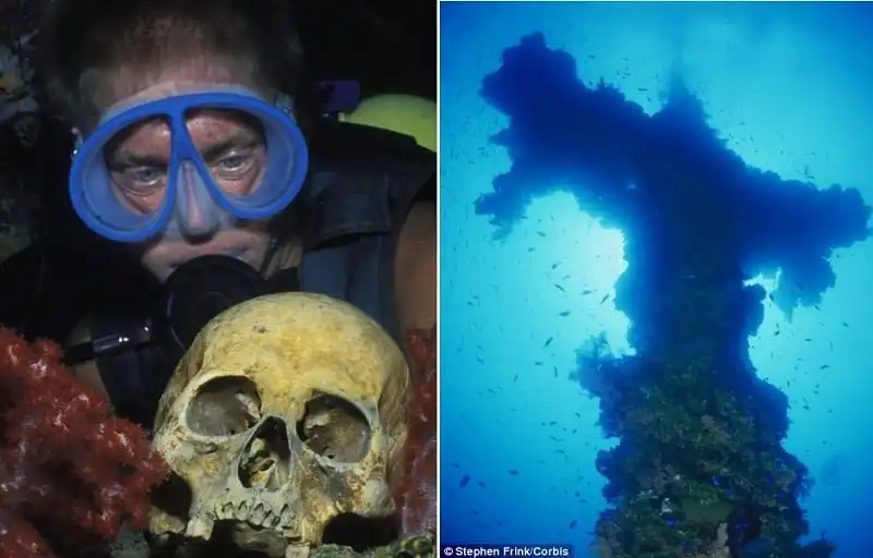 Original caption: Scuba diver gazes at a human skull from a Japanese sailor who died during World War II's Operation Hailstorm, amidst the wreckage of Truk Lagoon, Micronesia. Truk is also known as Chuuk. --- Image by © Stephen Frink/Science Faction/Corbis