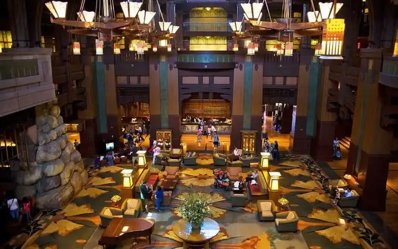 ANAHEIM, ORANGE COUNTY, CA - 2010: The elaborate lobby of the Grand Californian Hotel & Spa, situated next to Disney's California Adventure, is viewed in this 2010 Anaheim, California, spring afternoon photo. (Photo by George Rose/Getty Images)