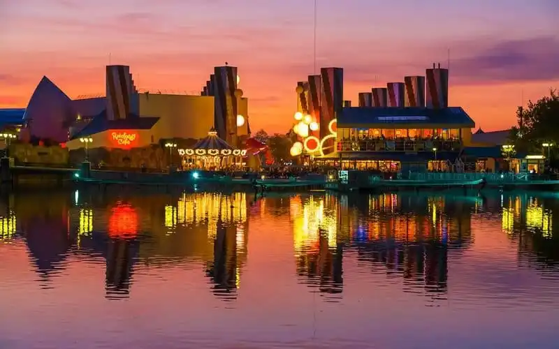 DISNEYLAND RESORT PARIS, PARIS, FRANCE - 2008/10/10: Lake Disney and Disney Village at night. (Photo by Pawel Libera/LightRocket via Getty Images)
