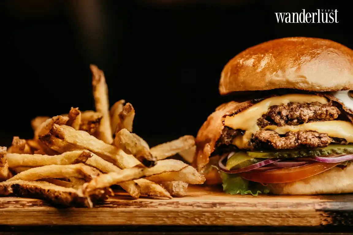 Burger với vẻ ngoài đơn giản gồm bánh mì kẹp thịt, rau và sốt thường ăn kèm với khoai tây chiên